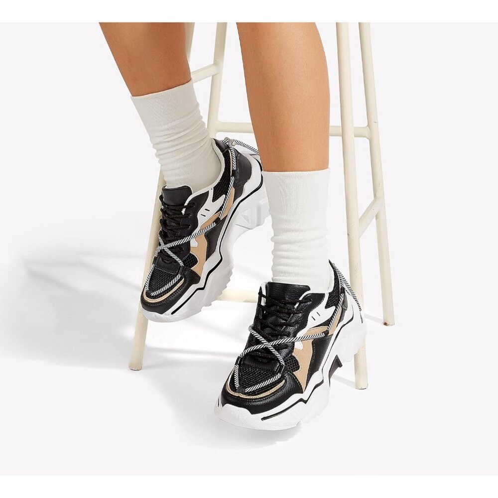 〽️Women's Black/White Lucky Platform Colorblock Sneakers Chunky Walking Shoes - Picture 8 of 9